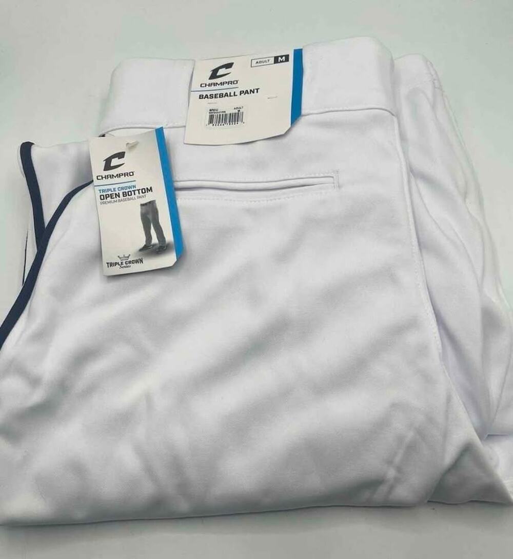 Champro Triple Crown Baseball Pants Mens M White Open Bottom Piping Stripe #G10